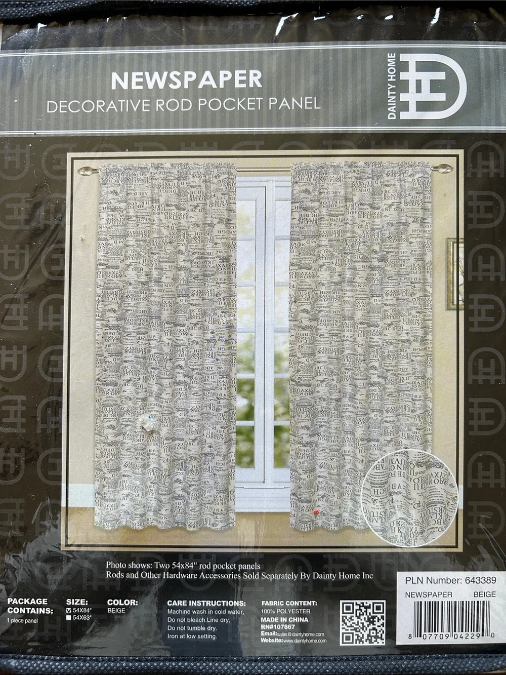 Text-Print Rod Pocket Curtain Panel Set in Beige/Gray ; each panel 54” x 84”